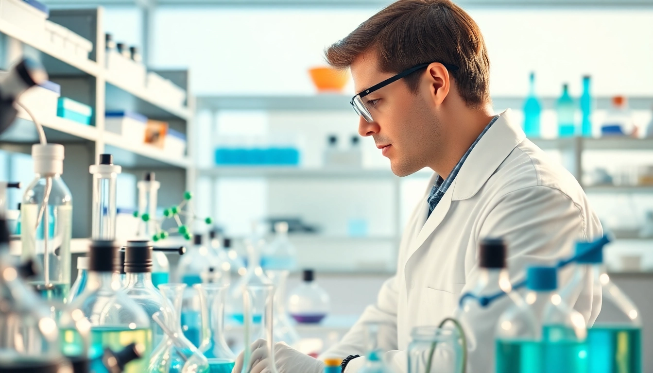 Researcher analyzing Branch Peptides in a modern lab setting, showcasing advanced peptide synthesis.