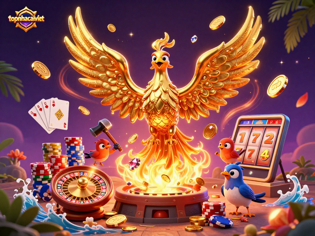 Experience the thrill of gaming with topnhacaiviet as the golden phoenix and helpers forge victory in vibrant 3D.