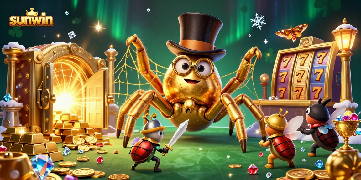Experience sunwin's lively casino scene with a golden tarantula and beetle knight amidst riches.
