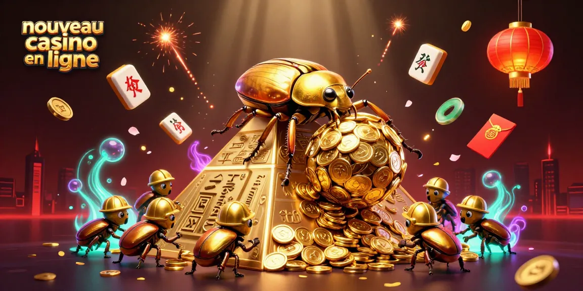 Illustration d'un nouveau casino en ligne avec un scarabée doré et des éléments de jeu captivants.