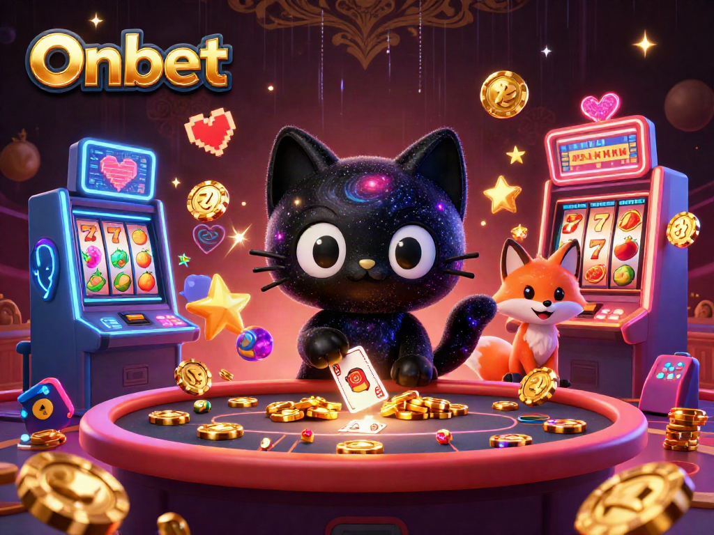 Engage with Onbet's cosmic casino experience featuring a black hole cat and colorful slot machines.