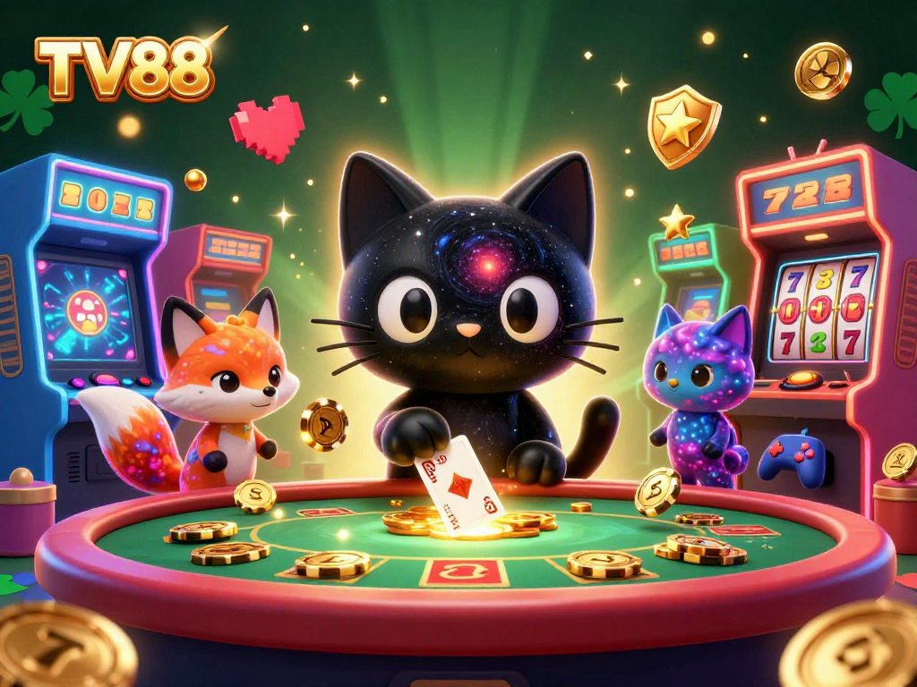 Experience thrilling gameplay at TV88 with a vibrant cosmic casino featuring a cartoon cat and colorful elements.