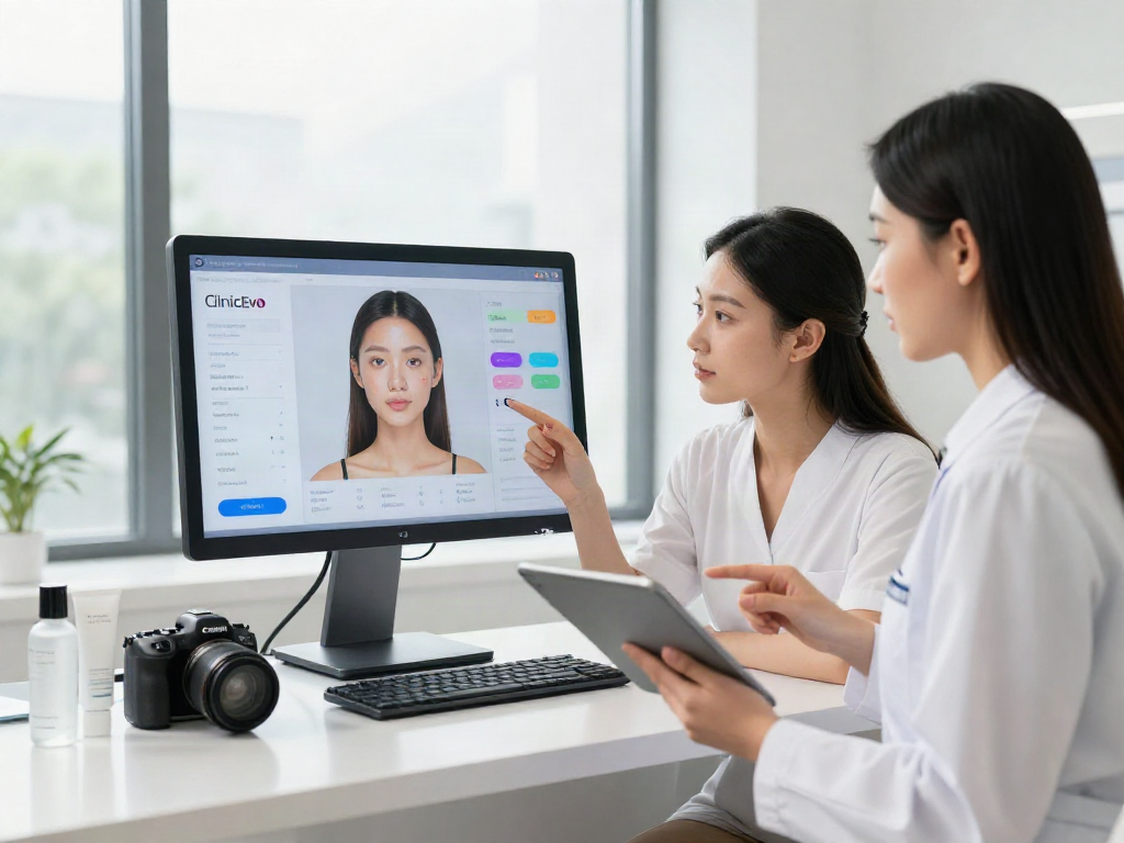 ClinicEvo better than QOVES, showcasing facial analysis technology in a modern beauty studio.