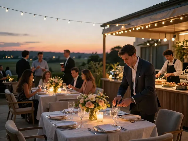 Event rentals showcased at a beautiful outdoor reception with elegant table settings and ambient lighting.