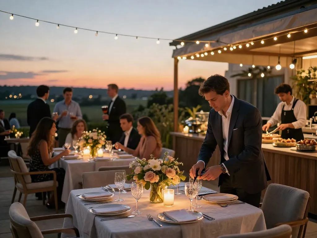 Event rentals showcased at a beautiful outdoor reception with elegant table settings and ambient lighting.