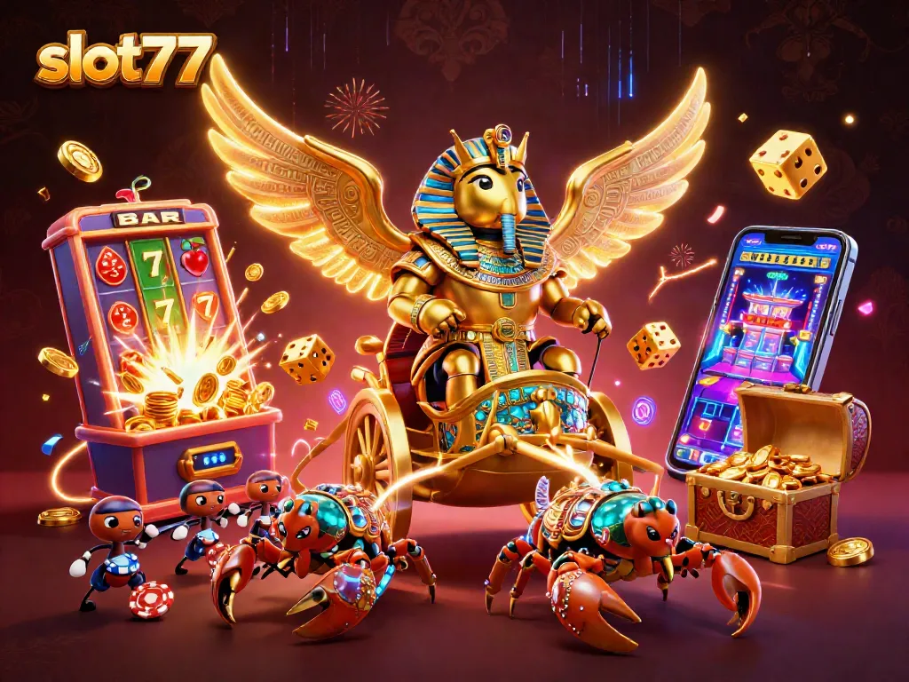 Bermain pada slot777 dengan mesin slot mengeluarkan koin jackpot dan simbol beruntung yang memukau.