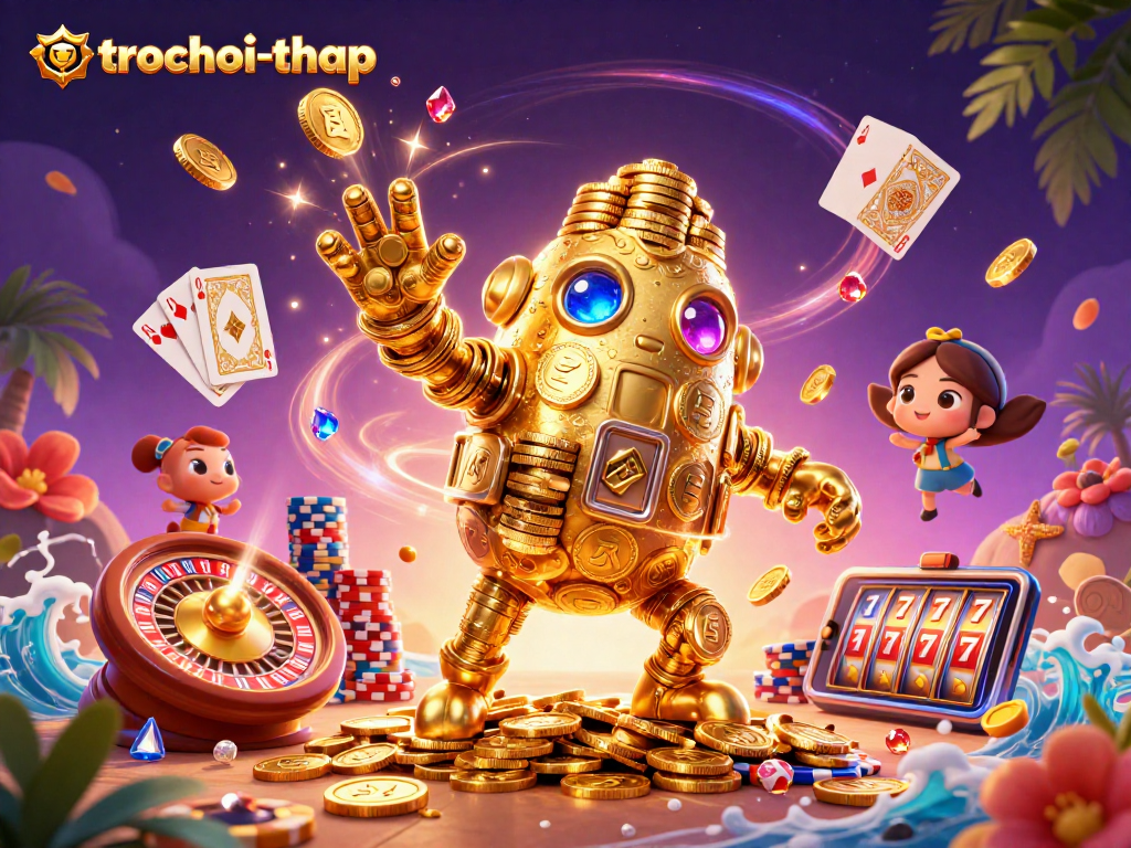 Experience the thrill of trochoi-thap with captivating golden golems and sparkling gems in action.