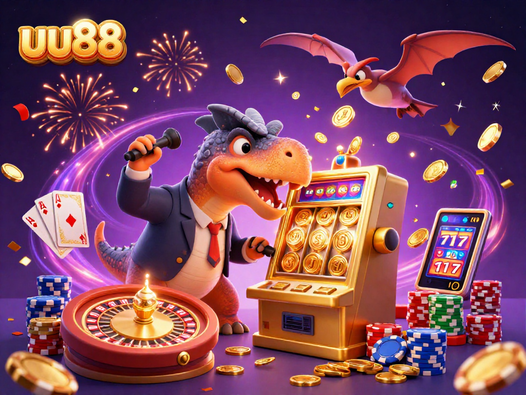 uu88 offers thrilling excitement with a vibrant casino scene showcasing a jackpot-winning slot machine