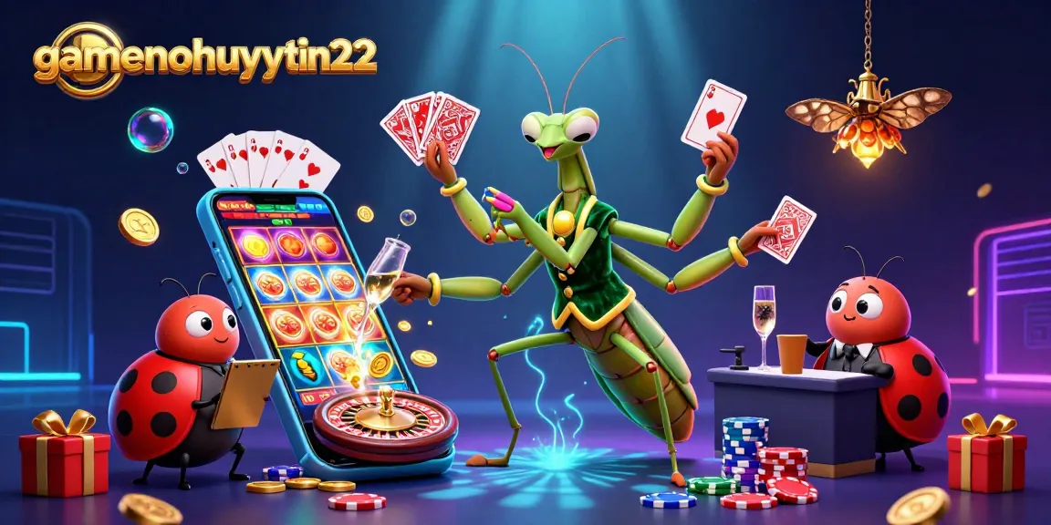 Experience thrilling gameplay with gamenohuuytin22, as a giant mantis deals cards and champagne flows