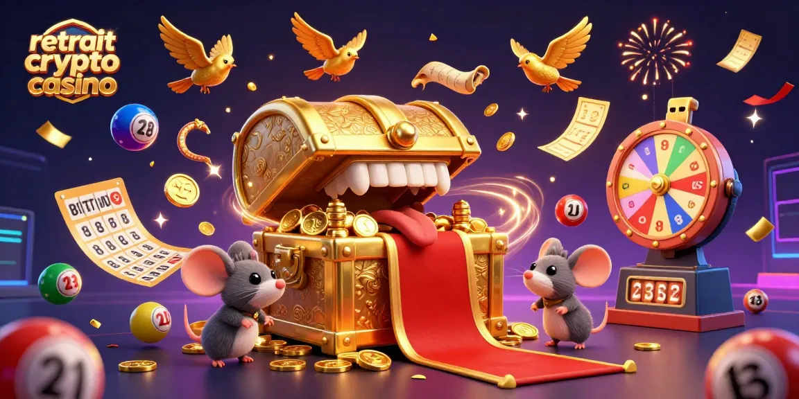 Retrait crypto casino : Illustration dynamique d'un coffre au trésor attirant des souris aventurières avec des ballons et des effets de confettis.