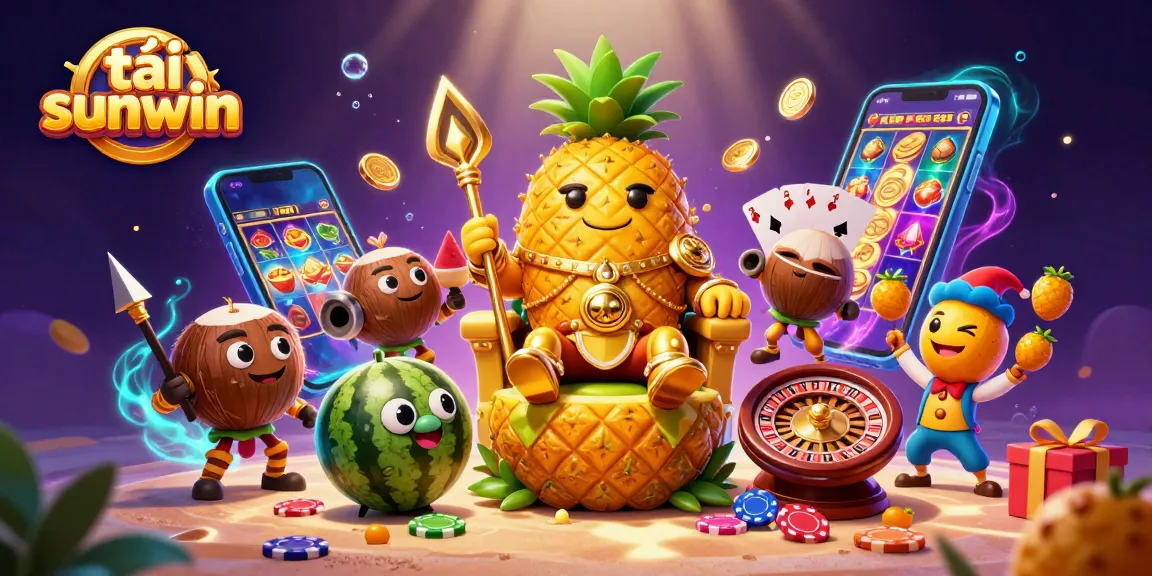 Tải sunwin in a vibrant 3D casino scene featuring a pineapple king, game elements, and a colorful atmosphere.