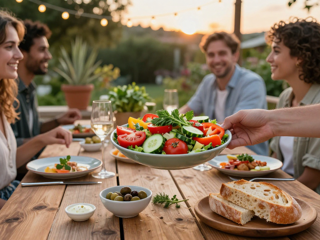 Enjoying the best ensalada mixta near me with fresh ingredients and friends at a rustic outdoor table.