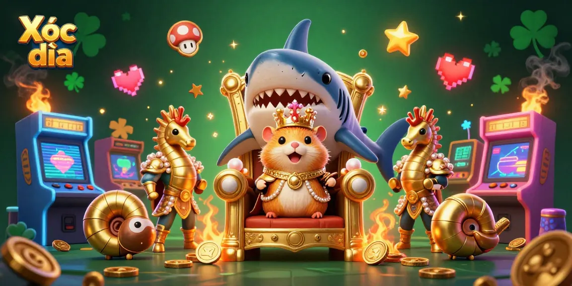 Xóc đĩa game features dynamic glowing elements, a vibrant hamster king with gaming characters.