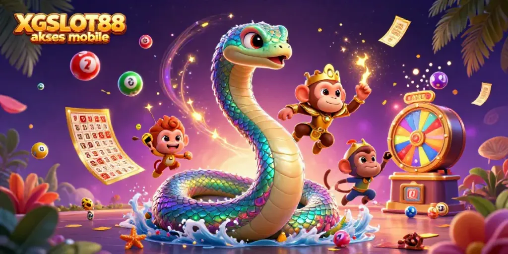 Permainan XGSLOT88 akses mobile yang seru dan berwarna-warni dengan bola lotere dan tiket emas.