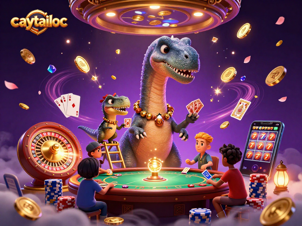 Experience the excitement of caytailoc with gaming excitement, featuring a brontosaurus in a vibrant casino scene.