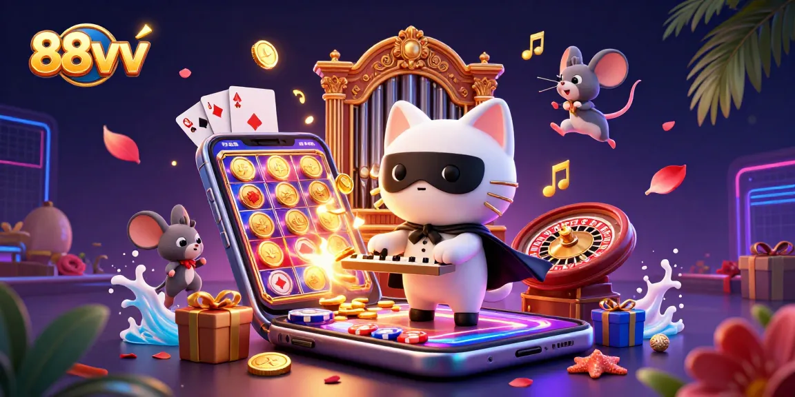 Engage with 88vv's vibrant casino scene featuring a phantom cat and acrobatic mouse.