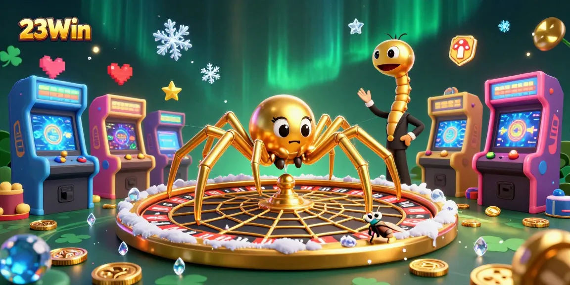 Experience thrilling gameplay at 23Win with the golden spider and centipede croupier in a dynamic casino scene.