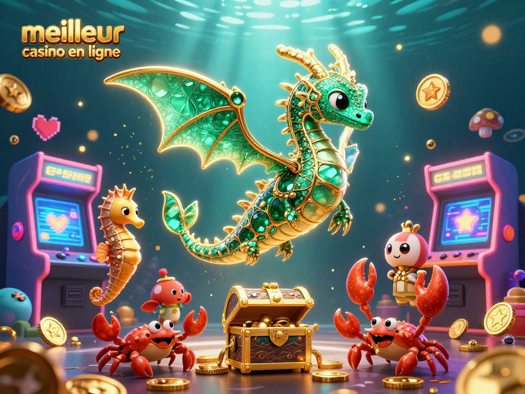 Cherchez les meilleurs casinos en ligne avec cette illustration captivante mélangeant dragons et éléments de jeu.