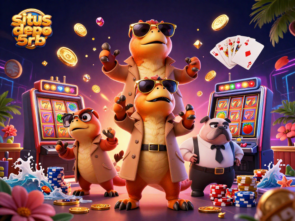 Experience thrilling games at situs depo 5rb with animated raptors entering a VIP casino lounge.