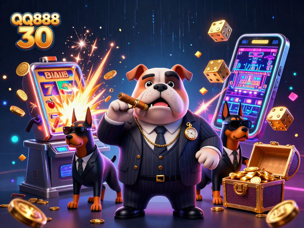 Engage with the thrilling visuals of QQ888 30's interactive gaming features as dog characters celebrate jackpots.