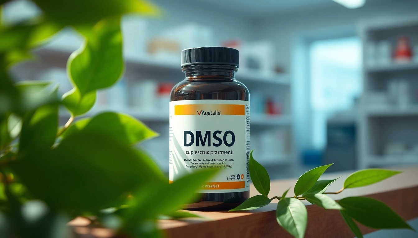 Showcasing a dmso supplement bottle in a serene pharmacy setting surrounded by greenery.