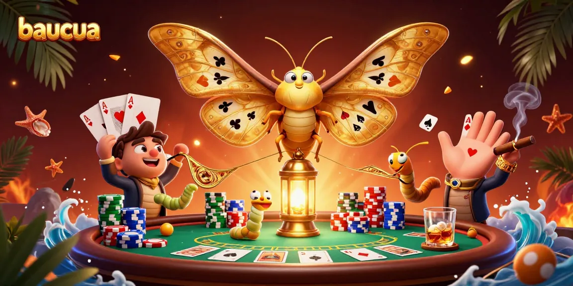 Experience the thrill of baucua with elegant casino imagery featuring vibrant moths and poker games.