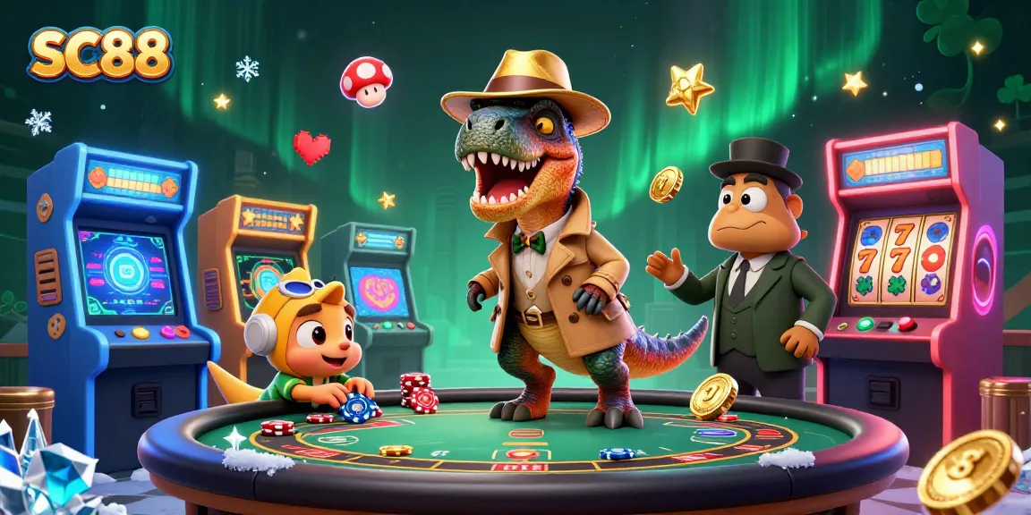 Experience exciting gaming at SC88 with a velociraptor card counter and stegosaurus pit boss at a blackjack table.