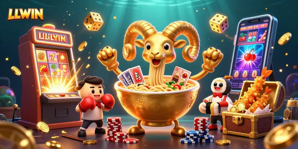 LLWIN players enjoy engaging in a lively casino atmosphere with a giant ramen bowl character, surrounded by dynamic gaming elements.