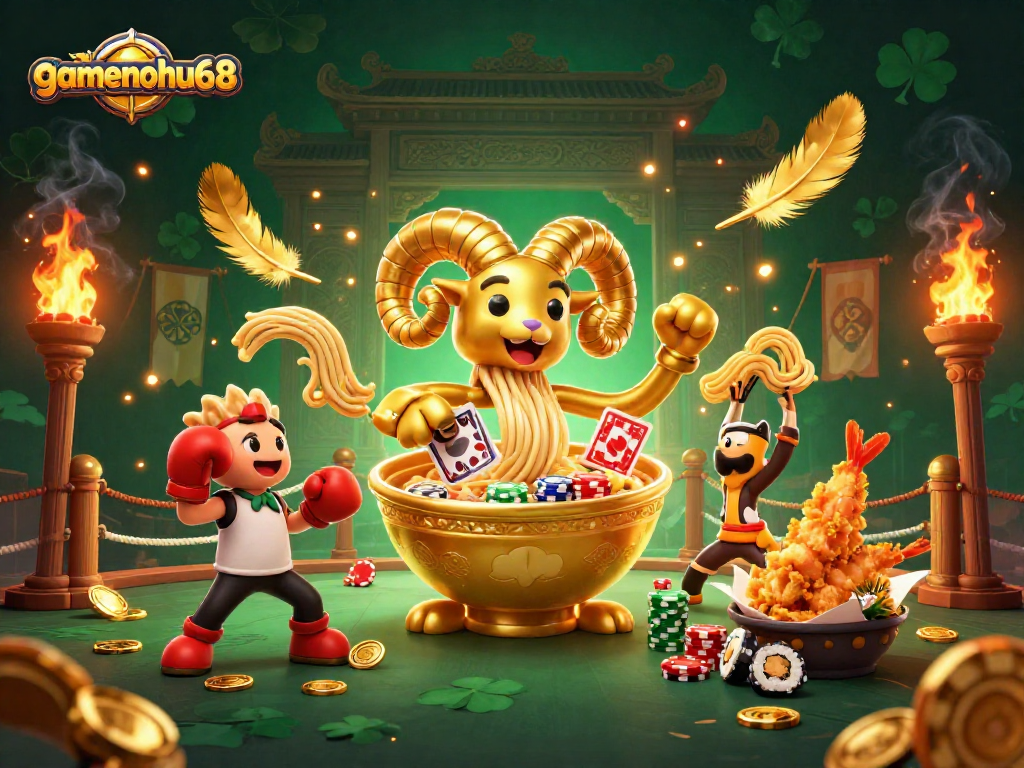 Engage with gamenohu68 as the giant ramen bowl deals cards in a vibrant casino scene filled with excitement.
