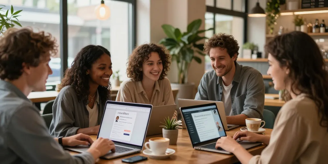 Singles engaging in dating conversations while using the dating app at a cozy café