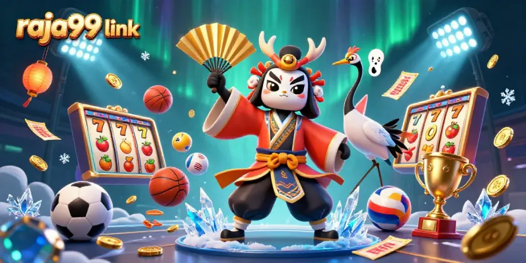 Engage with the vibrant raja99 link illustration featuring a kabuki warrior and dynamic slot elements.