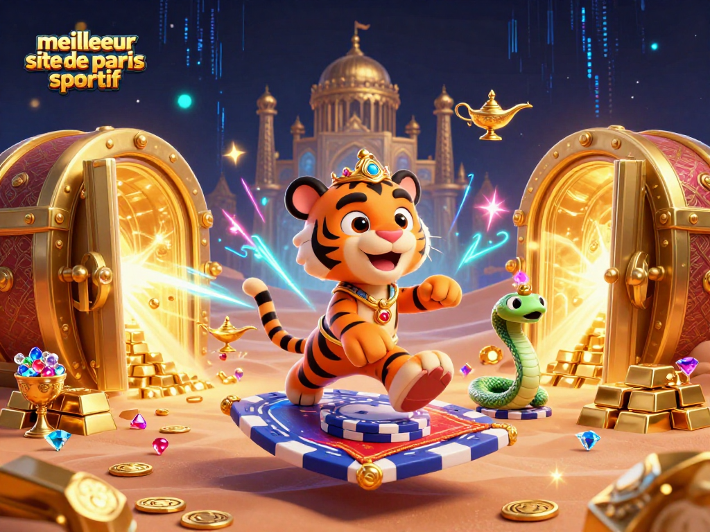 Pariez sur le meilleur site de paris sportif avec une scène magique de tigre sultan sur tapis volant, bijoux scintillants et trésors d'or.