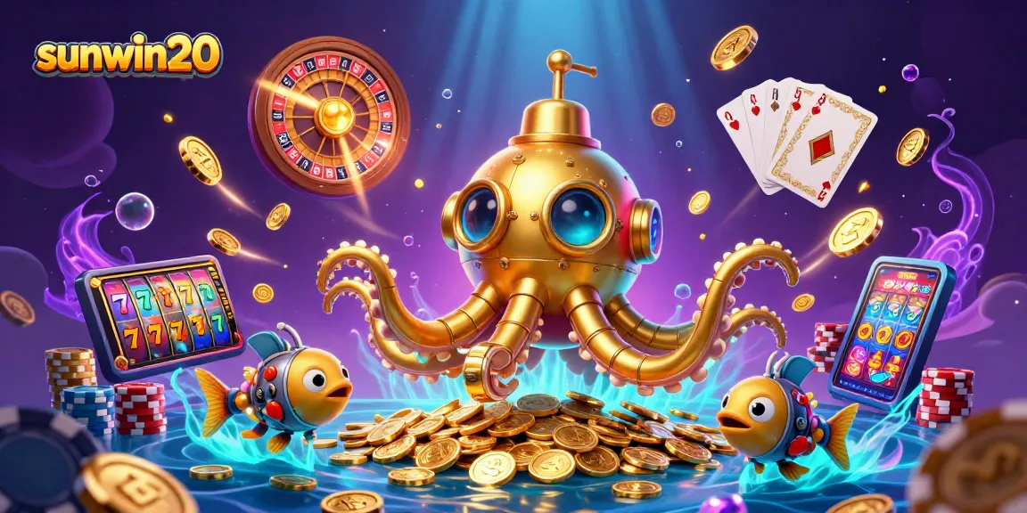Engage with sunwin20's vibrant casino scene filled with golden coins, games, and underwater creatures.