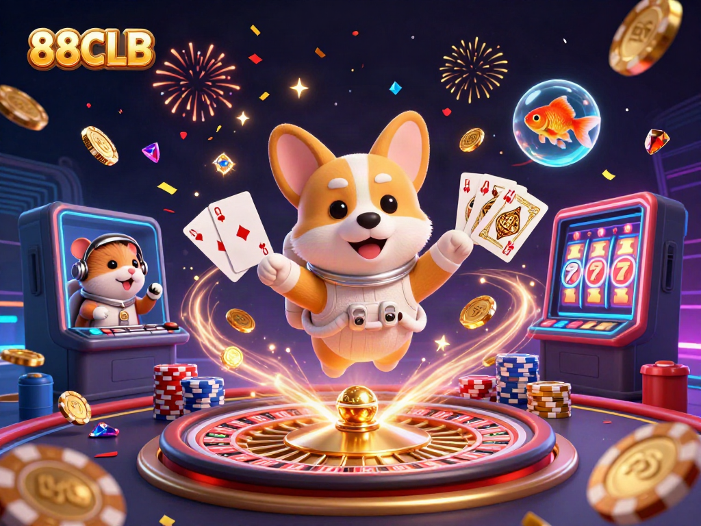 88CLB's vibrant online casino scene with an astronaut corgi and floating coins