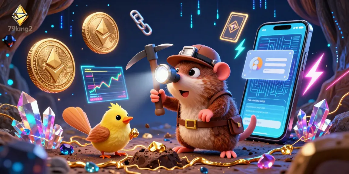Engage with 79king2 in this 3D illustration showcasing vibrant crypto coins, a treasure hunter mole, and a radiant canary.