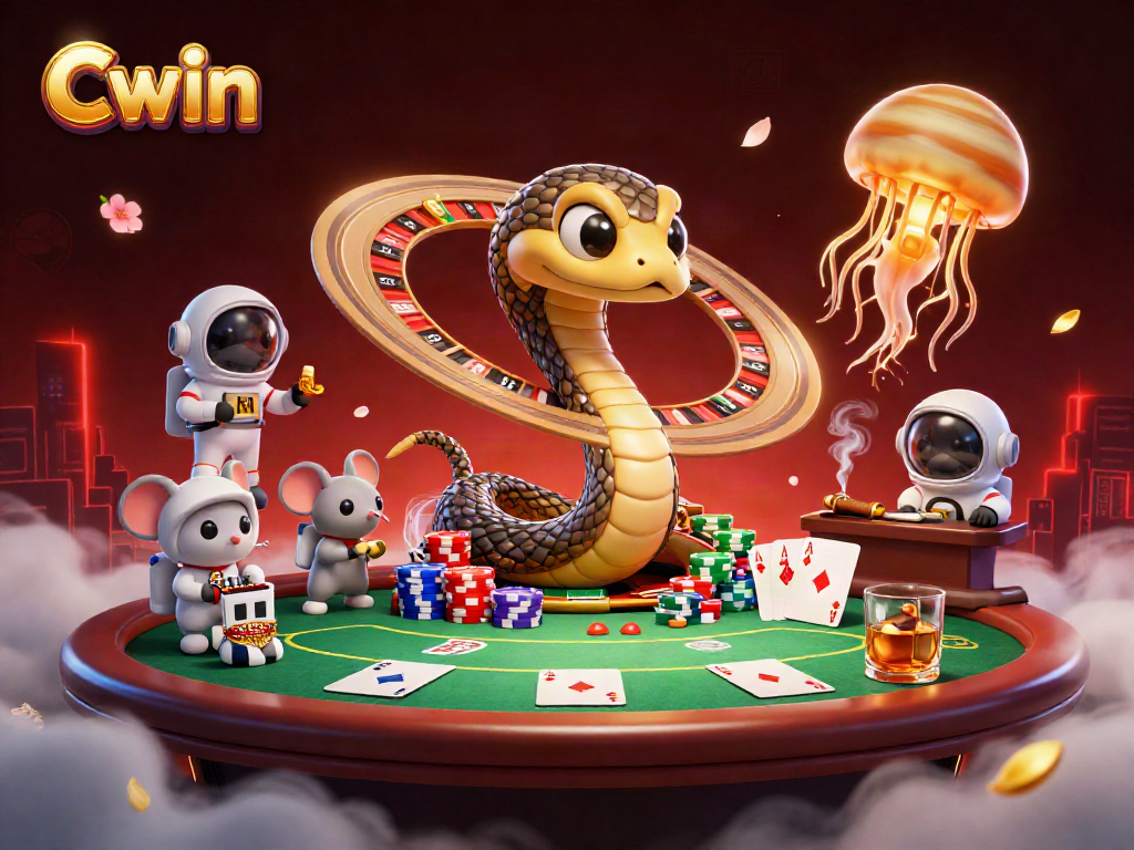 Experience Cwin's thrilling cosmic casino scene with poker elements and vibrant aliens.