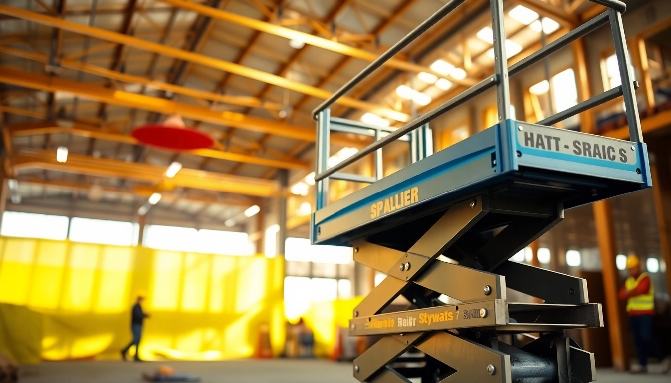 Scissor lift elevating workers in a busy construction site under bright lighting.