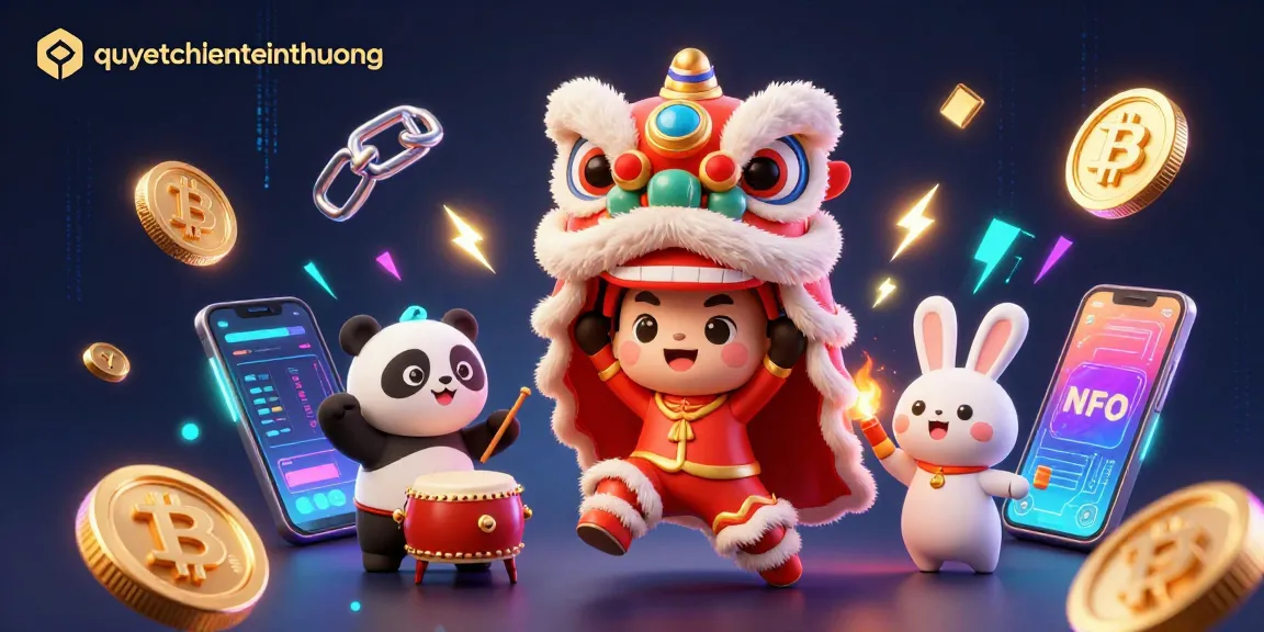 Experience the excitement of quyetchientienthuong with a dynamic lion dance and vibrant cryptocurrency elements.
