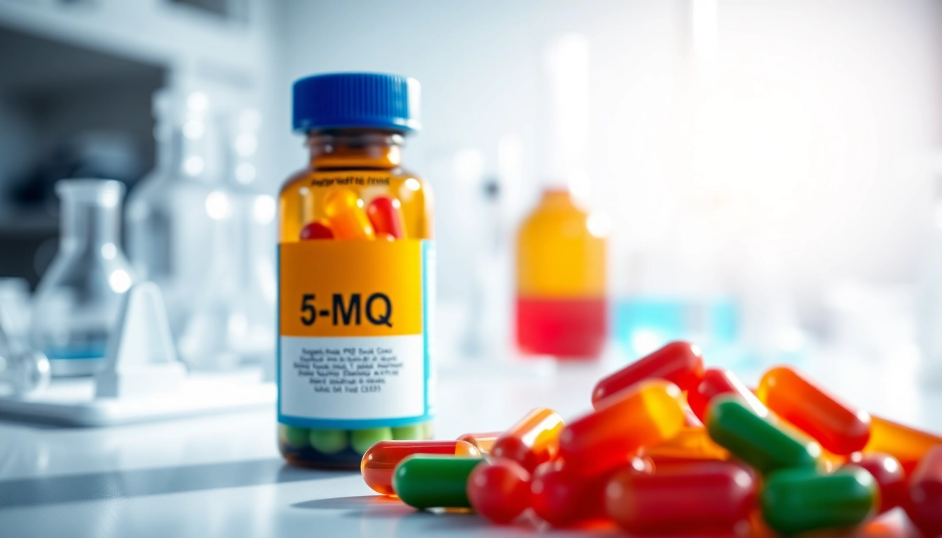 Showcasing vibrant 5-amino-1mq capsules in a high-tech laboratory setting.