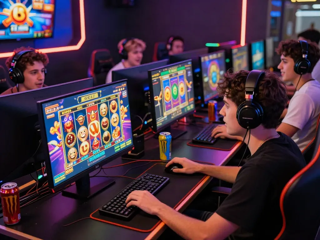 Players celebrating wins on slot resmi games in a vibrant gaming setup.