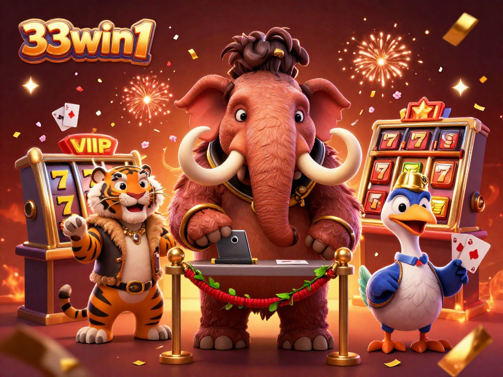 Engage with 33win1's casino scene featuring a mammoth bouncer, VIP tiger, and dodo doorman.