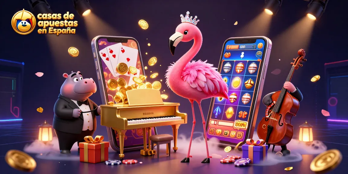 Descubre las casas de apuestas en España con una colorida ilustración 3D de un flamenco cantando y un hipopótamo bajista.