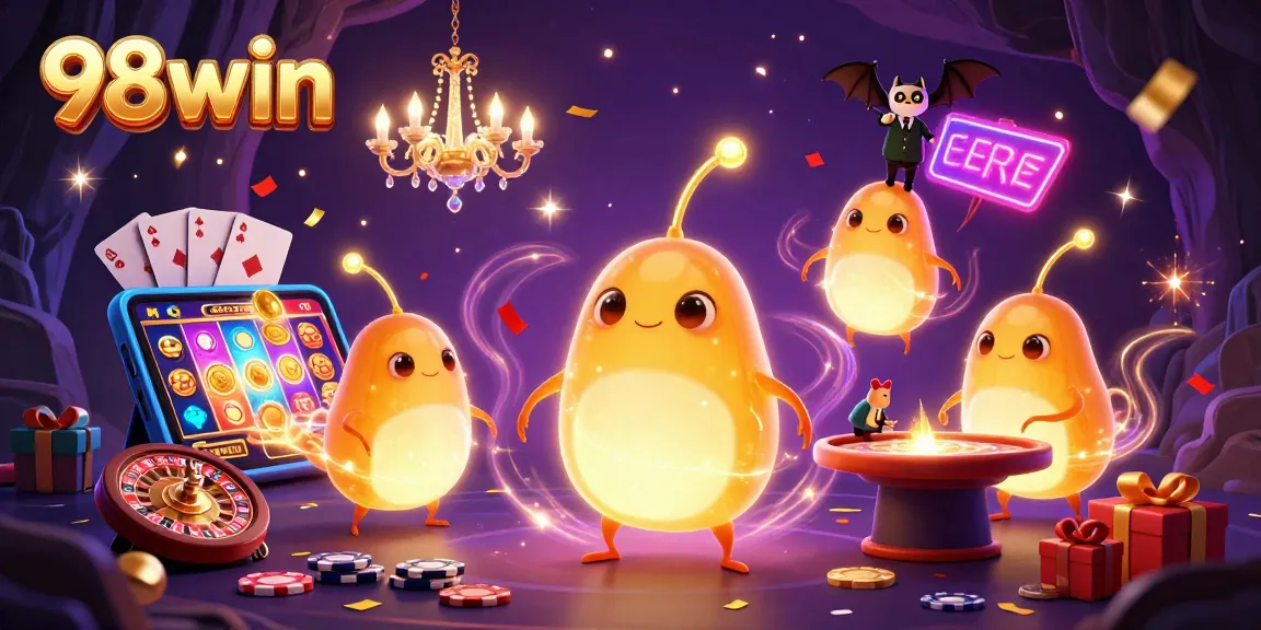 Engage with 98win in a vibrant casino scene illuminated by glowworms and a bat dealer amid slot games.