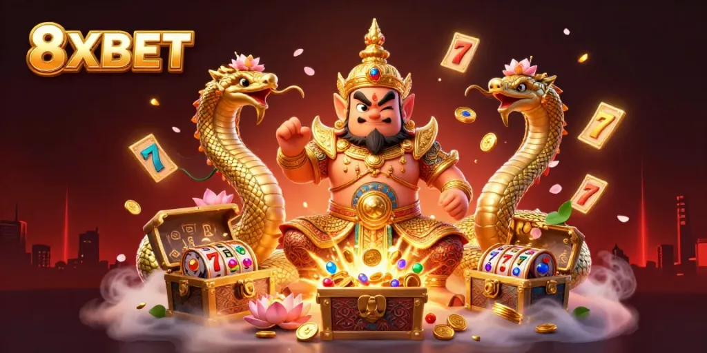 Engage with thrilling slots at 8XBET with a vibrant scene featuring golden treasures and dynamic game elements.