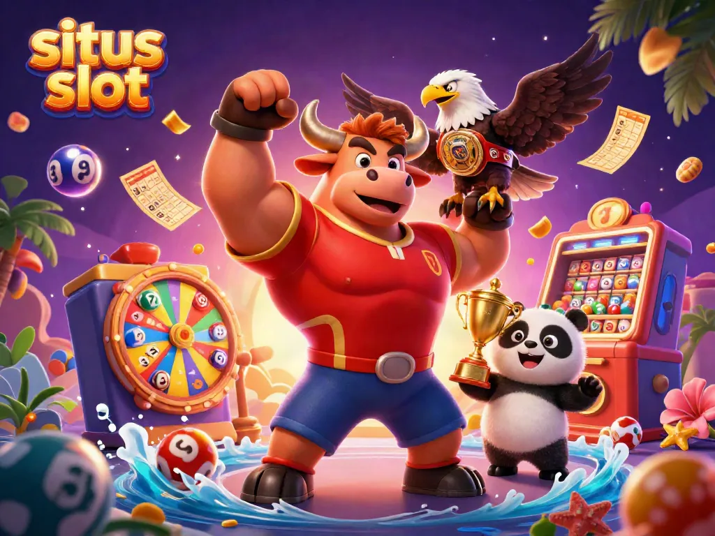 Situs slot promotional 3D scene showcasing a bull mascot, eagle, and panda celebrating with slot elements.
