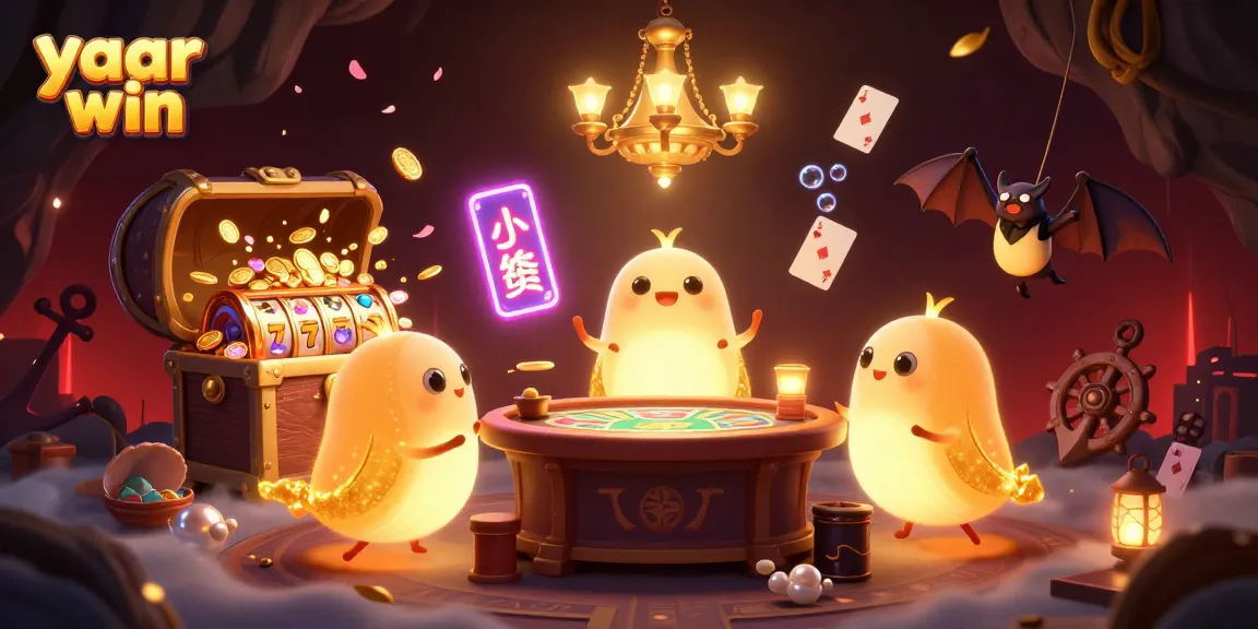 Play and win at the vibrant "yaar win" casino, filled with glowworms, illuminated treasures, and slot reels.