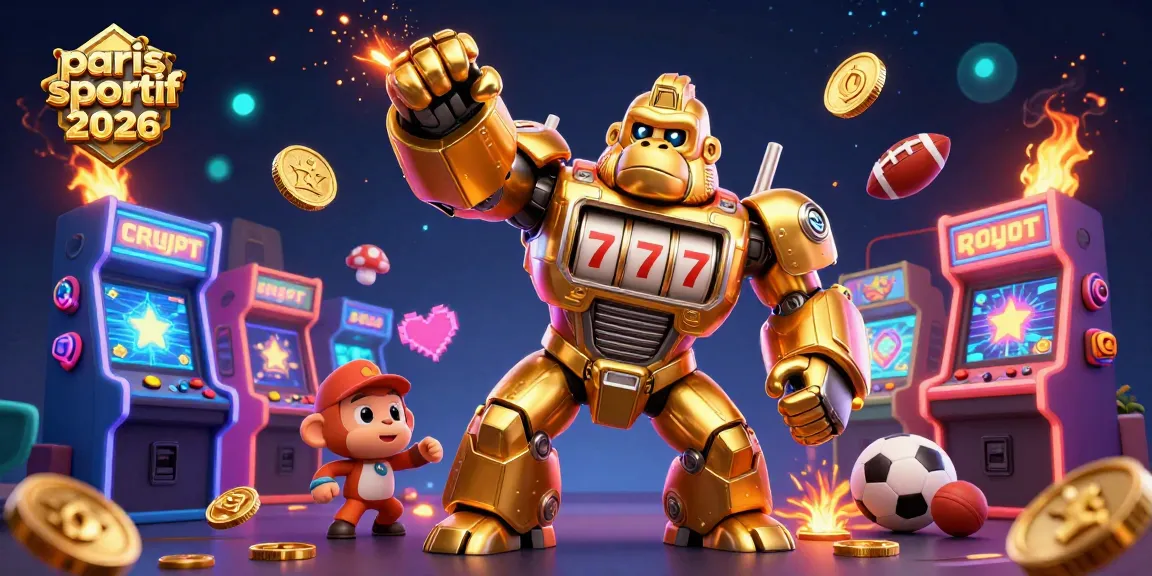 Visualisez les paris sportifs crypto 2026 avec un mech gorille doré et des jeux d'arcade 3D.