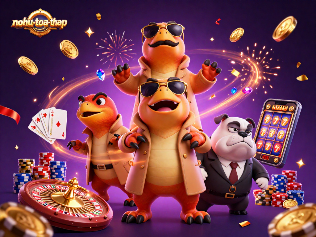 Nahu-toa-thap raptors hilariously pretending to enter a VIP casino lounge amidst golden coins and slot elements.