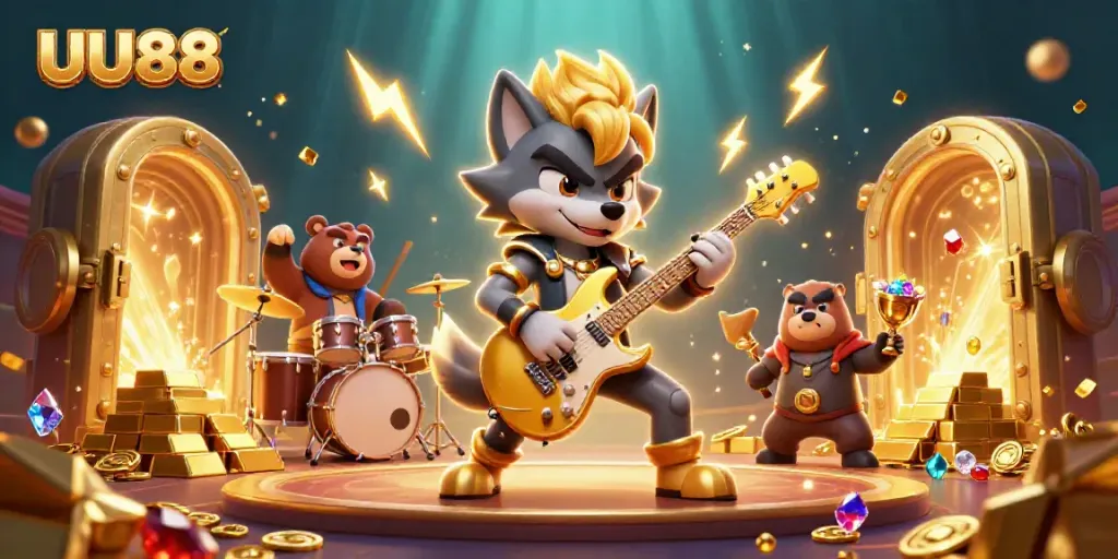 UU88 features a rock star wolf playing guitar amid dazzling treasures on a vibrant casino stage.