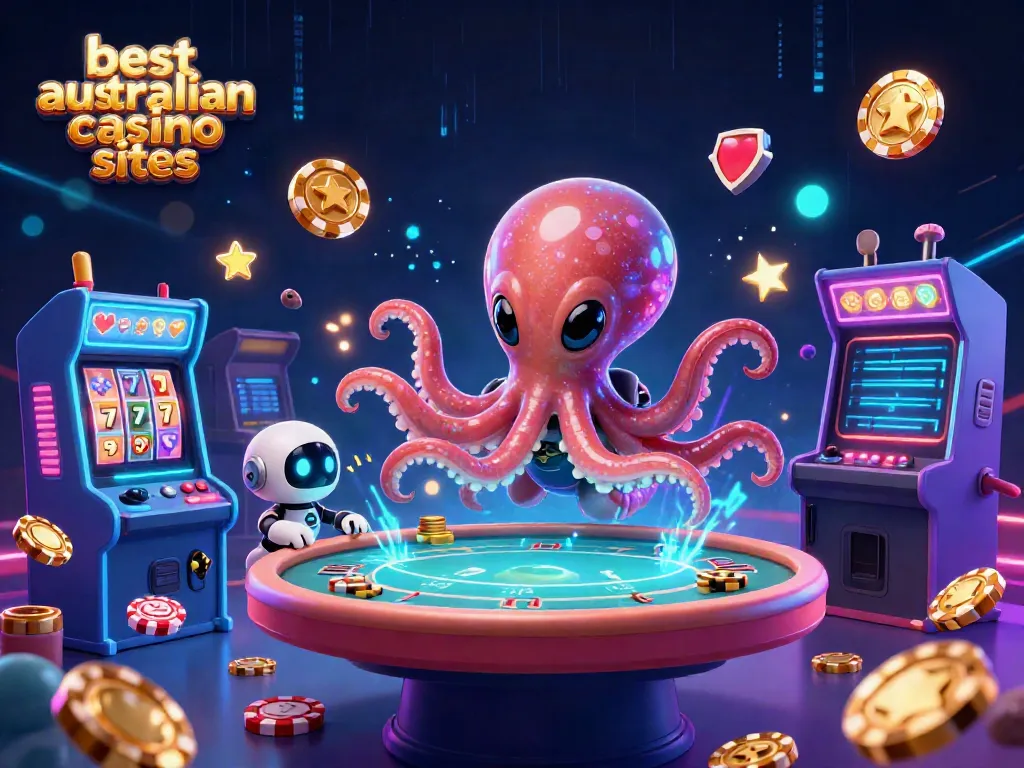 Experience the excitement of the best australian online casino sites with a vibrant 3D octopus and poker scene.